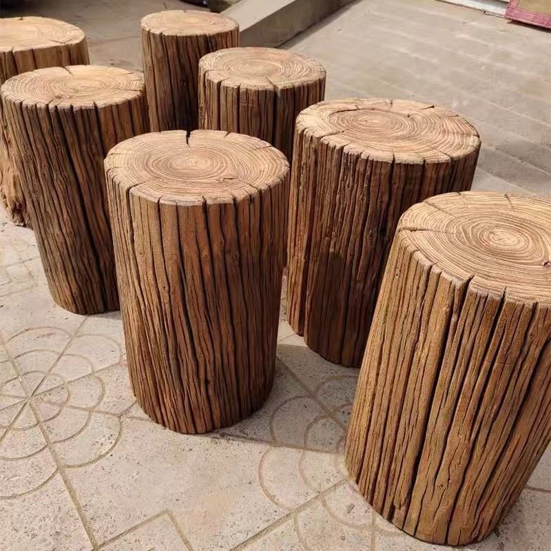 侘寂风原木树桩木桩风化老榆木花瓶架实木墩子矮凳老树墩木墩摆件