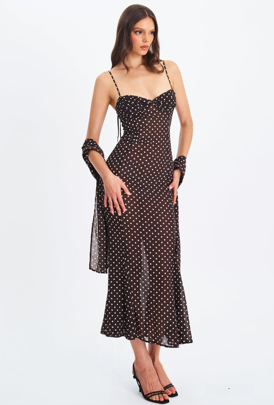 Women Elegant Spaghetti Strap Polka Dot Print Backless Dress Stylish Scarf Decor Slimming Party Vacation Dress_ecoleips.com