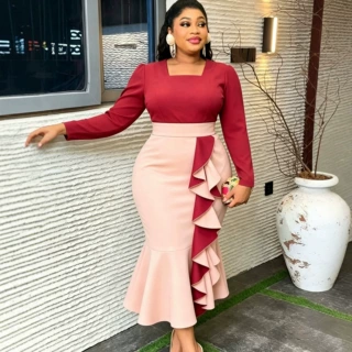 大码女装撞色方领鱼尾连衣裙 侧边荷叶边中袖收腰包臀宴会礼服裙