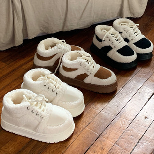 Korean Style Color-Blocked Lamb Wool Casual Sneakers Autumn and Winter New Cotton Boots Women's Fashion Fleece-Lined Sports Upper Shoes