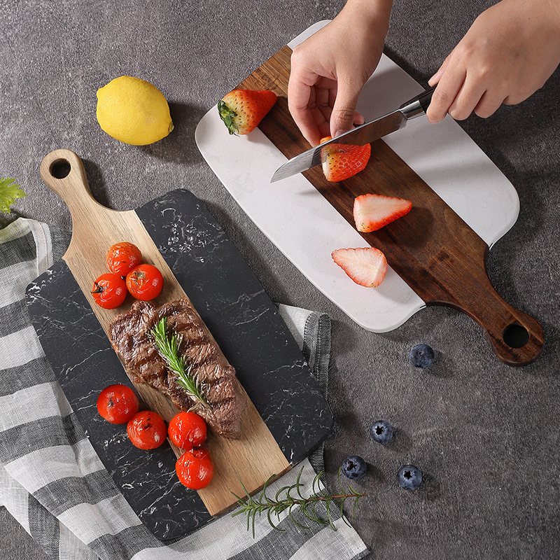 Tablero de cocina de mármol casero empalmado Acacia madera tablero de corte queso tablero de corte de cocina filete mesa de frutas