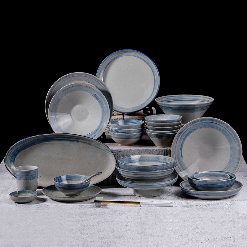Jingdezhen Vintage Table Rice Bowl Plate Hand-painted Blue Striped Four-piece Set Antique Homestay Hotel Ceramic Tableware