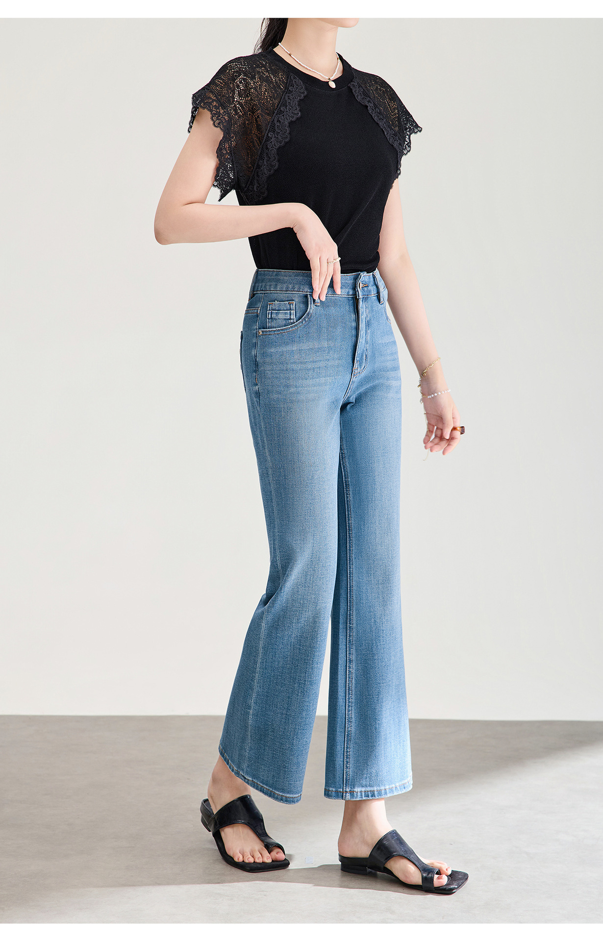 Quần jean nữ ống loe 9 phân, chất vải thun tứ chiều co giãn, nâng mông, phong cách retro — xanh lam chi tiết 22