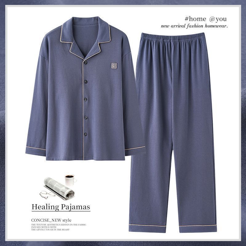 Pijamas de algodón para hombres primavera y otoño de alta calidad con solapa de manga larga, ropa de hogar para hombres de otoño y invierno se puede usar fuera