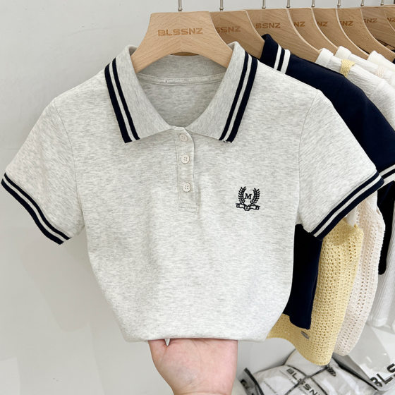 Pure Cotton Shoulder Polo Collar Short-sleeved T-shirt Women's Summer 2024 New Design Sense Embroidered Contrast Color Short Top Trendy