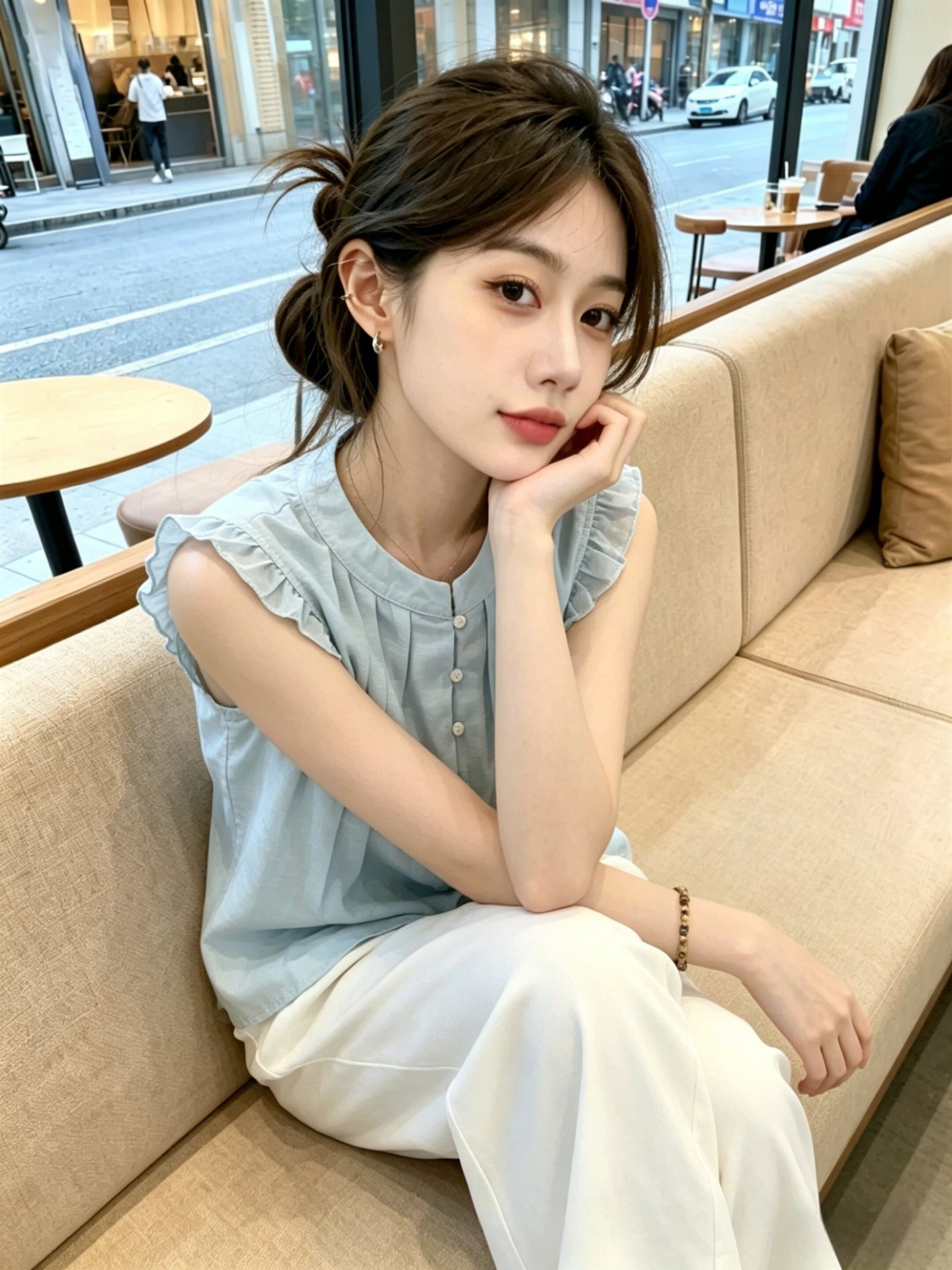 Áo sơ mi ngắn tay nữ dáng búp bê, phong cách ngọt ngào trẻ trung — xanh lam chi tiết 5