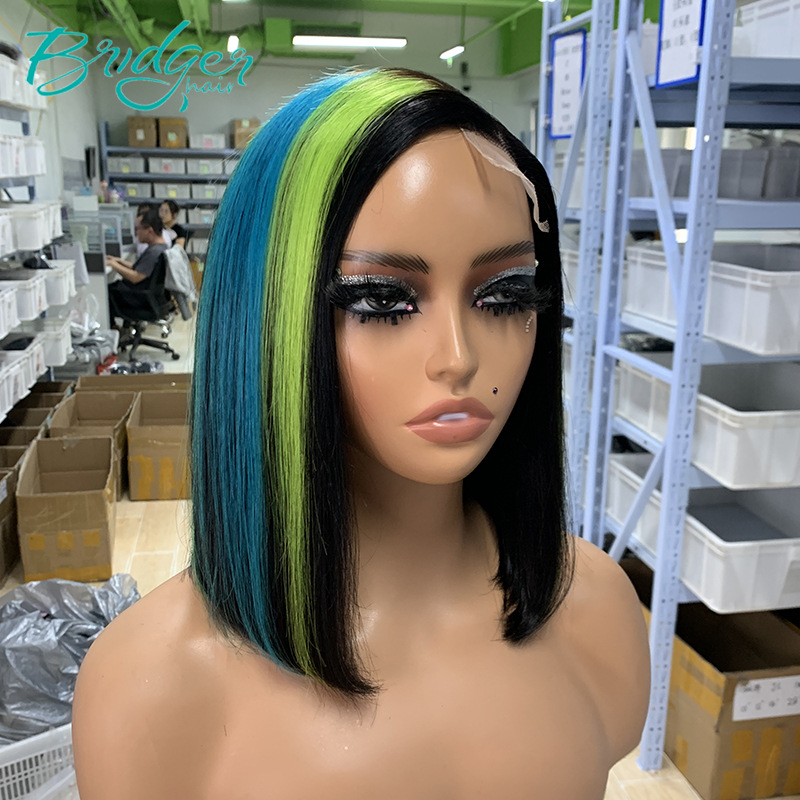 Parrucca bob in capelli umani con meches blu e verdi_voghion.com