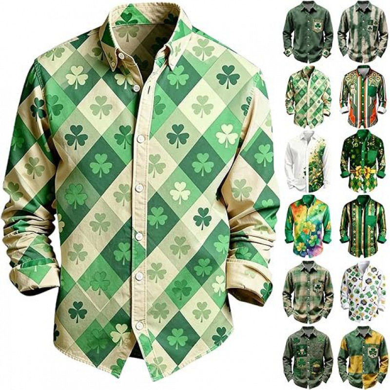 2026 Cross-Border Amazon European and American Trendy New Fashion Colorful Lucky Clover Men's Long-Sleeve Collared Shirt