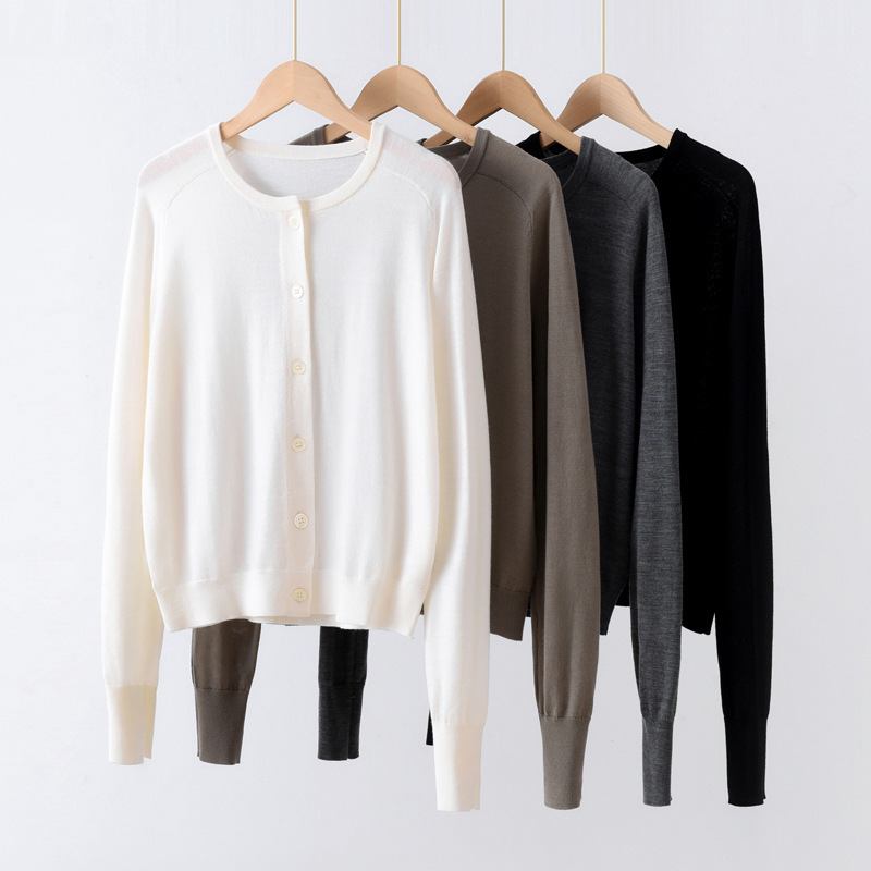 German Imported Southern Wool Yangzi Yarn Fine Wool Thin Knitted Short Cardigan Sweater Jacket Spring & Fall