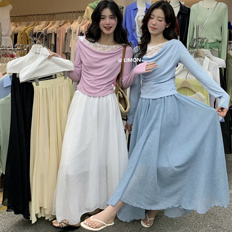 Clearance, No Returns or Exchanges. Lemon Green Tea Summer High-Waisted Slimming Cotton and Linen Flared Skirt for Women, Versatile Fairy Long Skirt