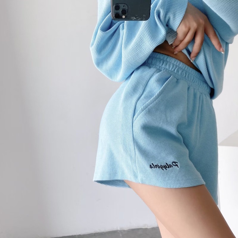 Round neck long-sleeved loose sweatshirt letter embroidered elastic waist shorts set NSXDX135744