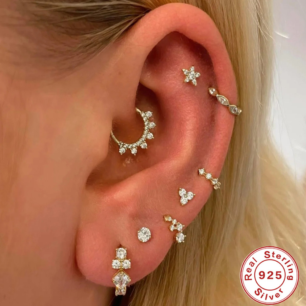 Nueva moda europea y americana simple ins estilo S925 plata esterlina cartílago piercing brillante redondo del grano oído anillo oído hebilla pendientes