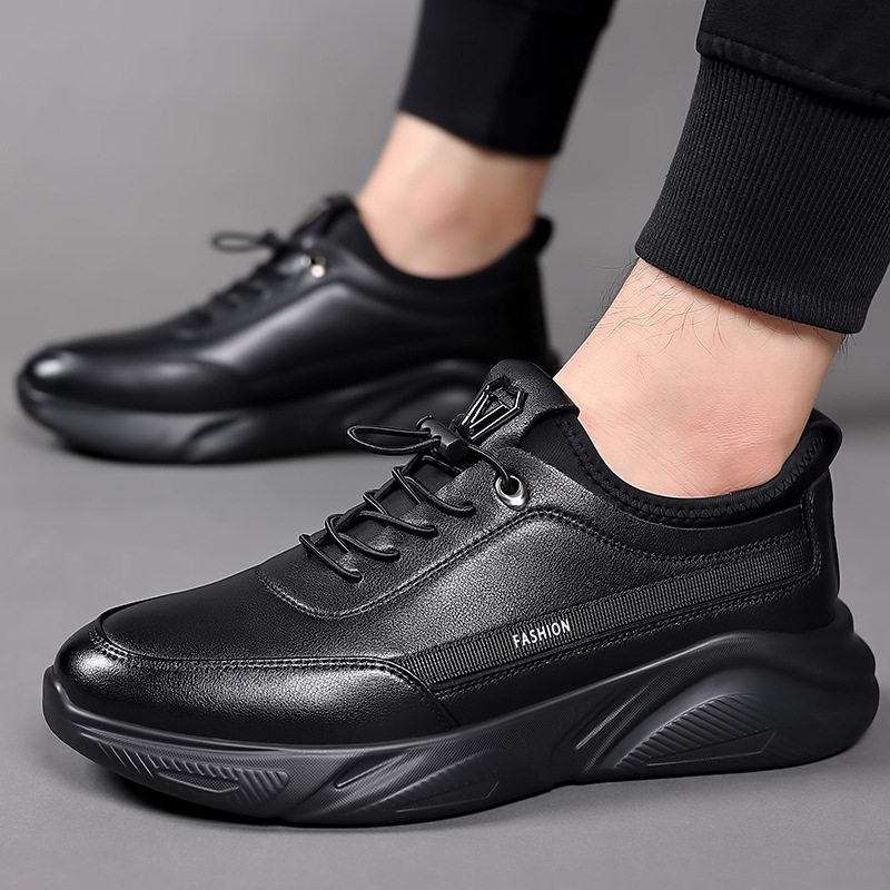 Giày nam sneaker da thật cổ thấp đế bệt thoáng khí chống trượt dễ phối đồ — Màu đen 19682, Bông đen 19682-2