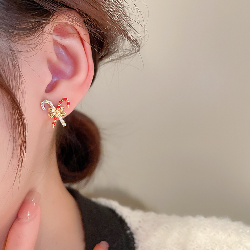 Christmas earrings small cane bow exquisite cute sweet earrings silver needle earrings winter new products_voghion.com