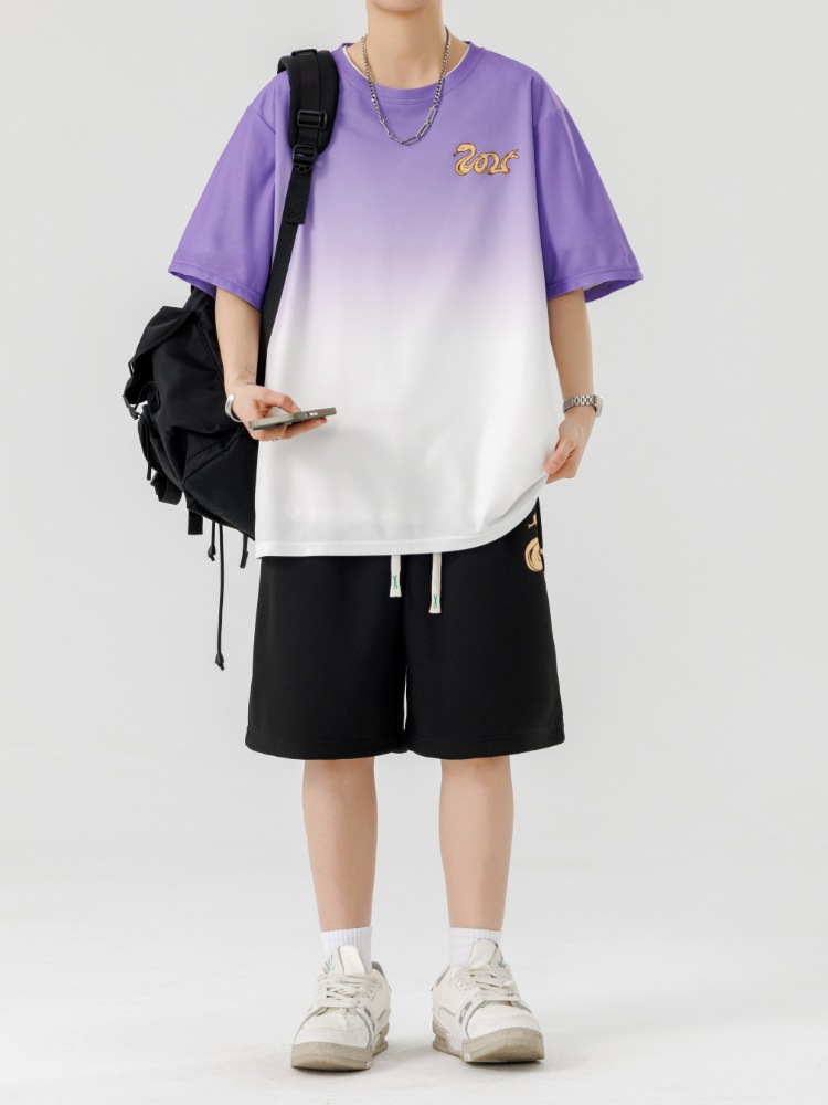 2025 nuevo verano adolescente pantalones cortos de manga corta traje deportivo casual moda degradado suelto traje de dos piezas hombre