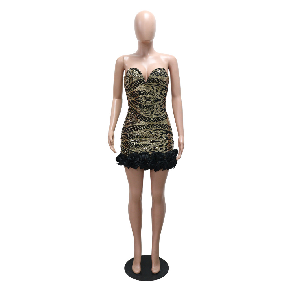 Sexy Women Clothing Tube Top V neck Sequ Flounce Dress