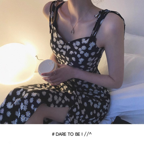 Spring 2025 Daisy Floral Print Women's Elegant Slimming Medium-Length French Lilac Strap Dress Summer