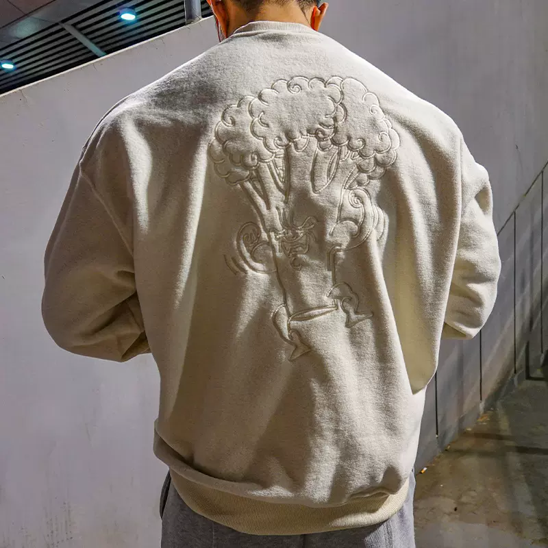 摇粒绒运动无帽卫衣男冬季保暖打底健身上衣刺绣圆领套头训练服