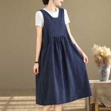 实拍2025春季款休闲背带连衣裙复古灯芯绒长裙时尚宽松大码字裙