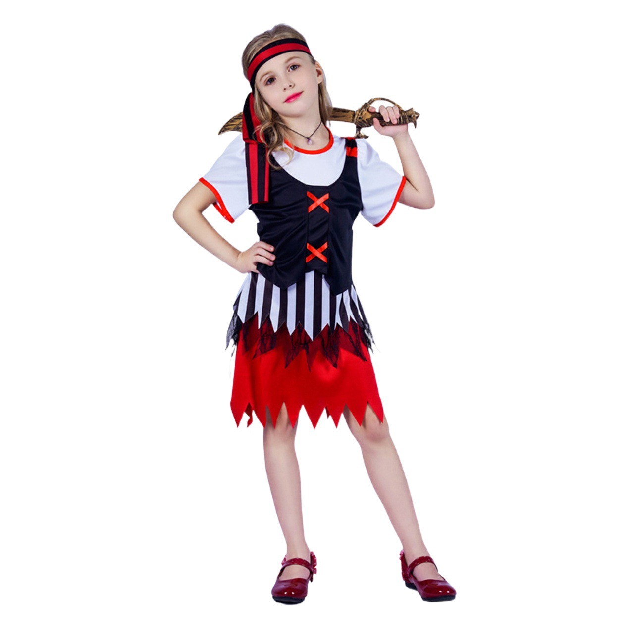 Halloween niños niña a rayas pirata princesa rendimiento traje niñas pirata fiesta traje de rendimiento