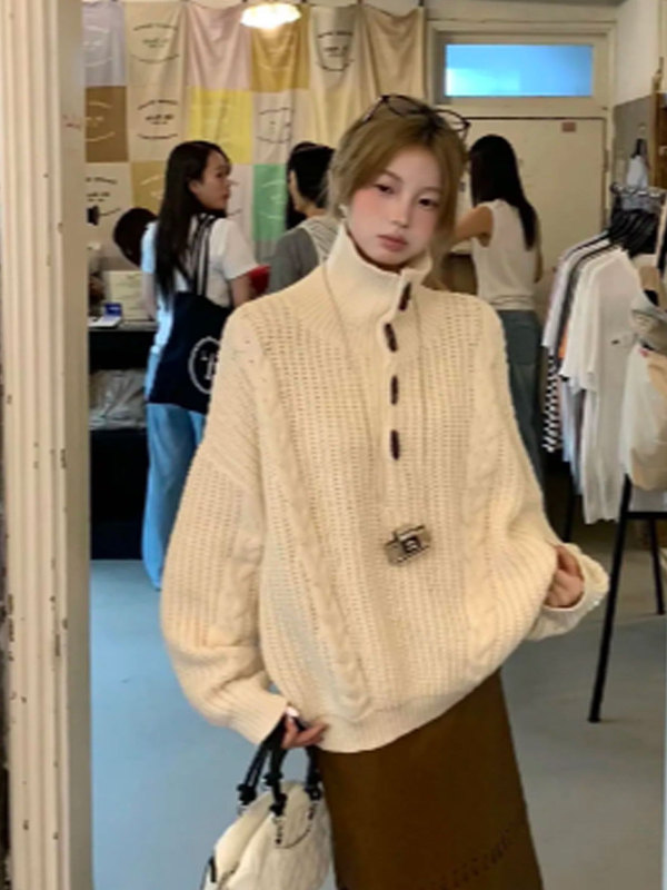 韩系复古麻花高领套头毛衣女秋冬宽松慵懒高级感软糯中长款针织衫|undefined
