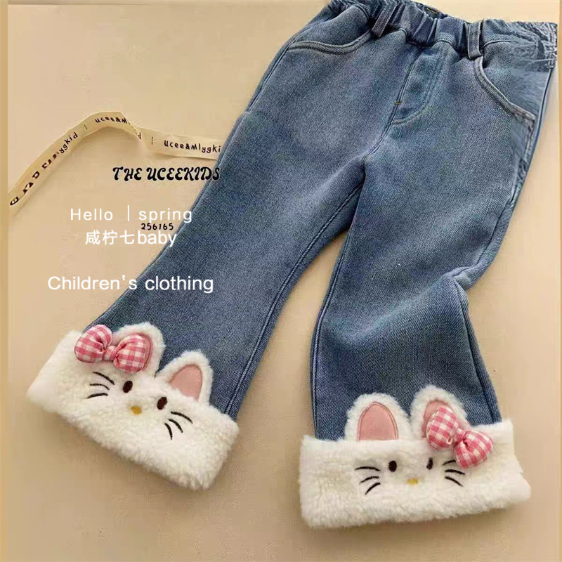 スイートキッズジーンズ2025女児秋冬韓国風花柄刺繍リボン付き裏起毛ジーンズトレンドスタイル