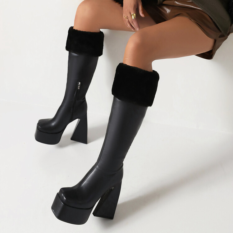Nuovi stivali aderenti con risvolto e cerniera laterale, tacco squadrato, stivali alla moda taglie forti per le donne_voghion.com