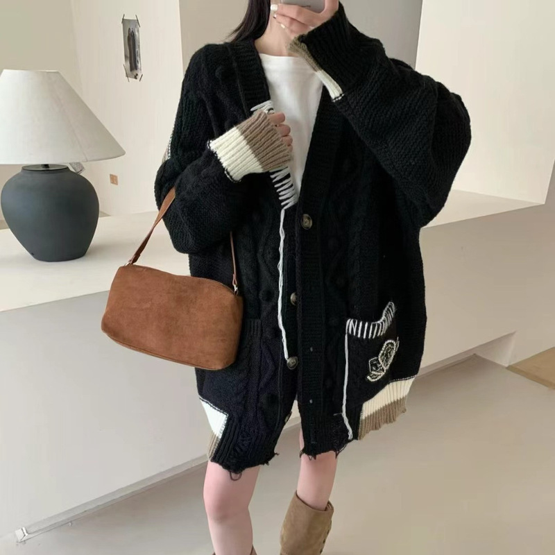 韩系气质简约针织开衫女秋冬新款宽松加厚慵懒风复古加厚毛衣外套|undefined