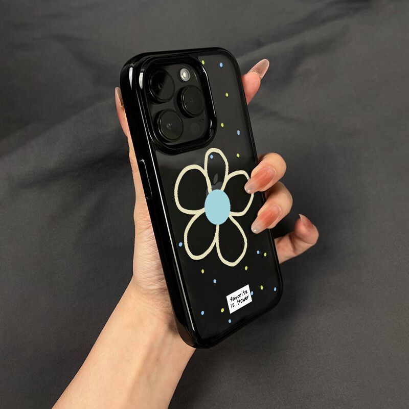 シンプルな花 Apple 13 16 ブラックフレームアクリル携帯電話ケース 16promax 漫画 11 12 大穴 15|undefined