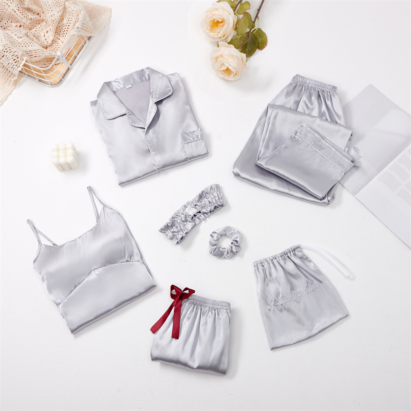 Entrega de una pieza nueva flor de siete piezas pijamas de manga larga de primavera de las mujeres de seda-como sexy homewear traje pijamas