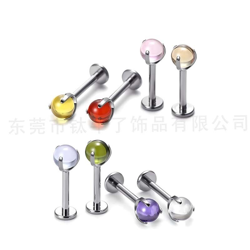 F136钛三爪爪镶配球锆石圆球耳骨钉唇环G23钛合金穿刺饰品唇钉|undefined