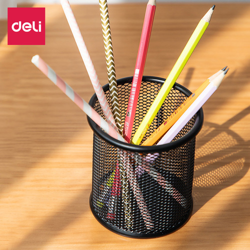 Deli Stationery 9172 Office Pen Holder Metal Grid Student Round Black Pen Holder Mesh Pen Holder Wholesale