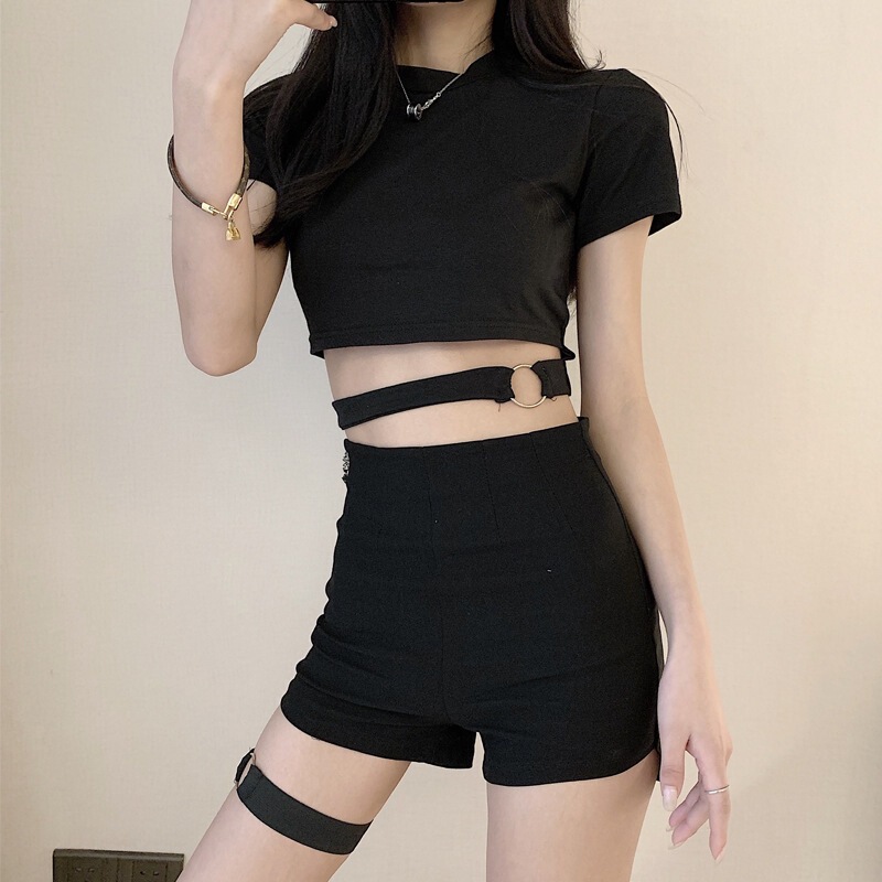 Black Short-sleeved Short Round Neck Dancing Didi Slim-fit Tight Sports Shorts Ins Fire Casual All-match suit
