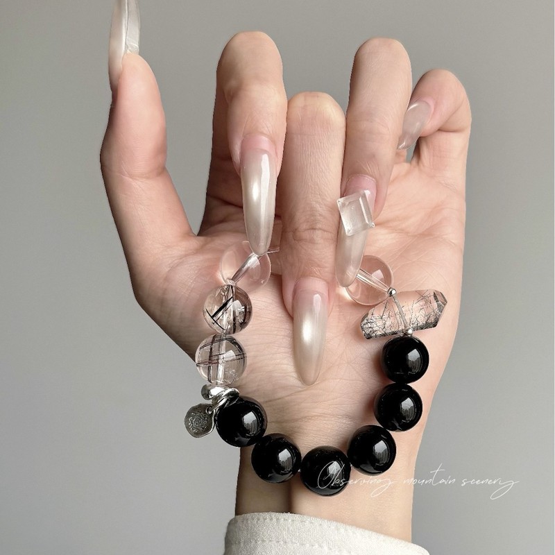 XINGSHI | ナチュラルブラックヘアクristal、ホワイトムーンライトブラックトルマリンS025スターリングシルバーライトラグジュアリーハイエンドブレスレット女の子用|undefined