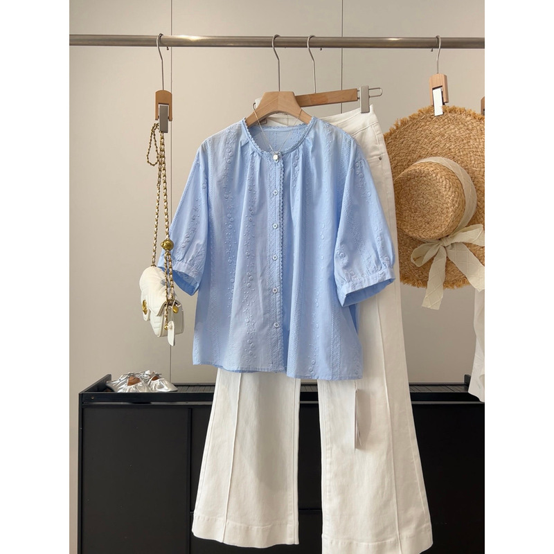 Fresh and Youthful! Cotton-Like, Skin-Friendly, Loose-Fitting and Slimming~ Classic Lace Trim Embroidered Floral Short-Sleeve Shirt Top Fresh and Youthful! Cotton-Like, Skin-Friendly, Loose-Fitting and Slimming~ Classic Lace Trim Embroidered Floral Short-Sleeve Shirt Top