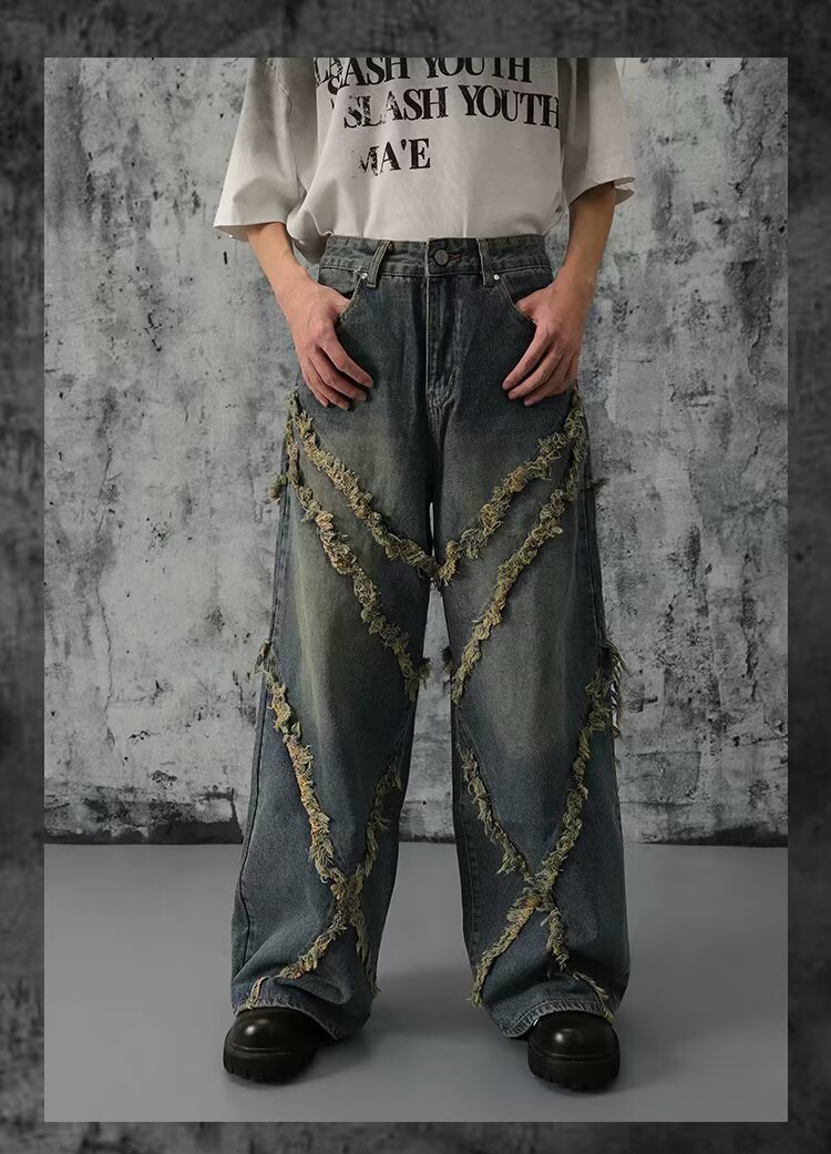 Unisex High Street Vintage Washed Distressed Patchwork Jeans Relaxed Wide Leg Straight Denim Pants for Men And Women_mkmklike.com