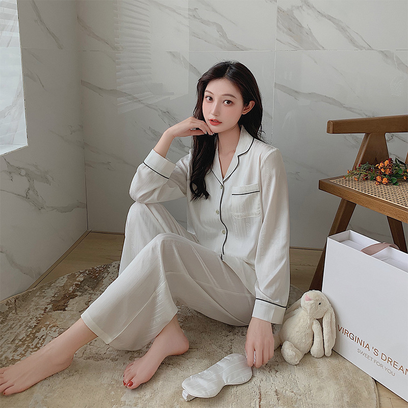 2021 여름 새로운 아이스 실크 잠옷 여자의 긴 소매 바지 커플의 세트 아이스 실크 가정 의류