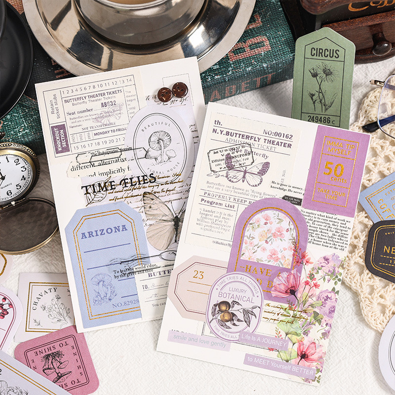 Colección de pegatinas adhesivas estampadas de tiempo bolsas DIY cuentas diarios materiales decorativos etiquetas retro papelería pegatinas