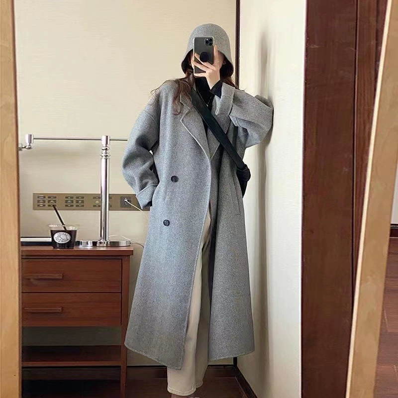 Long demi-season woolen coat, mid-length, for teenagers, loose fit