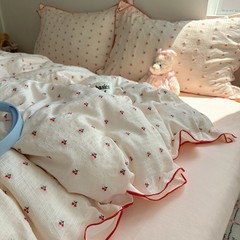 A类母婴级小樱桃纯棉密拷花边款四件套ins小清新水洗棉超软三件套