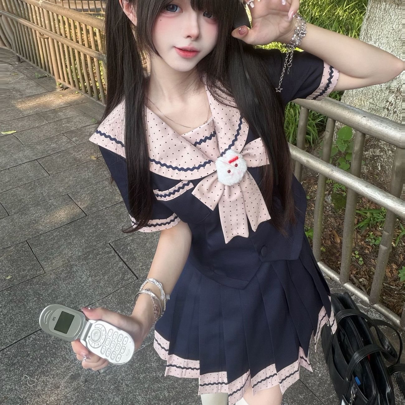 灰灰梨原创正版jk水手服大码学院风粉色波点短袖校供制服夏季套装