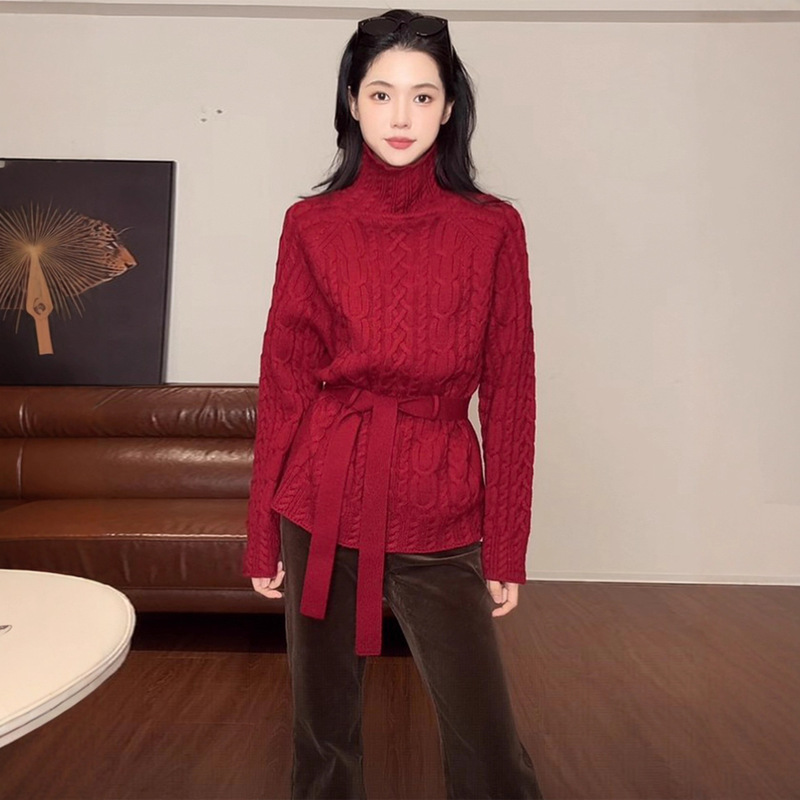 High-Neck Red Sweater for Women Autumn and Winter 2025 New Style Lazy High-End Thickeneded Knitted Sweater Top Christmas Wear High-Neck Red Sweater for Women Autumn and Winter 2025 New Style Lazy High-End Thickeneded Knitted Sweater Top Christmas Wear