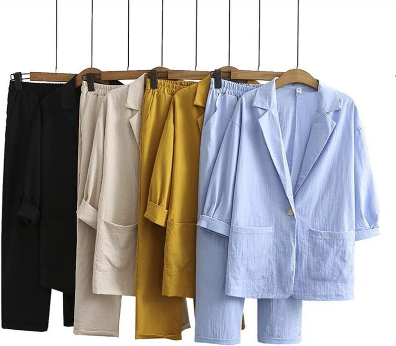 Southeast Asia Cross-Border Spring and Autumn Large Size Loose Linen Elastic Waist Long Pants Three-Quarter Sleeve Jacket Suit Sports Set