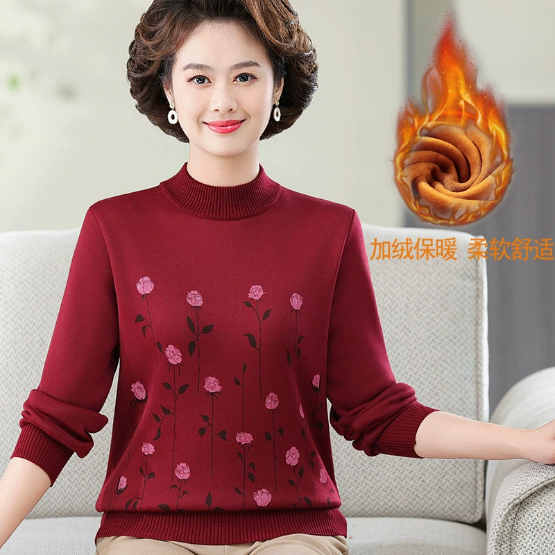 Мамино-зимний цельный бархатный свитер, модная утолщенная трикотажная рубашка на флисовой подкладке, теплый топ для людей среднего и пожилого возраста