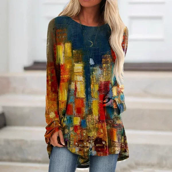 European and American 2024 Women's Long-sleeved T-shirt Flower Stitching Stripe Printed Spring and Autumn Round Neck Casual Loose Top