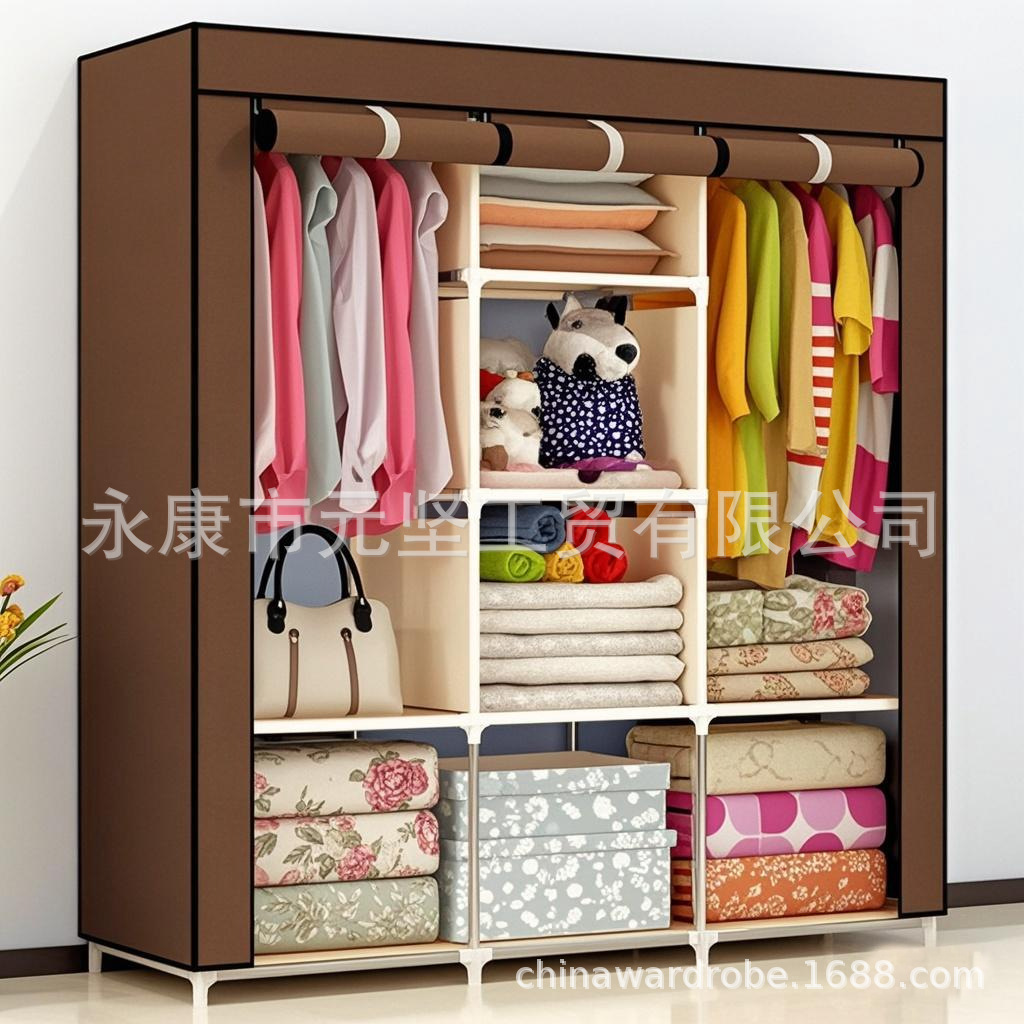 Armario de tela simple, armario de almacenamiento, armario a prueba de polvo, dormitorio, marco de acero, combinación de refuerzo, armario de estudiantes de alquiler al por mayor