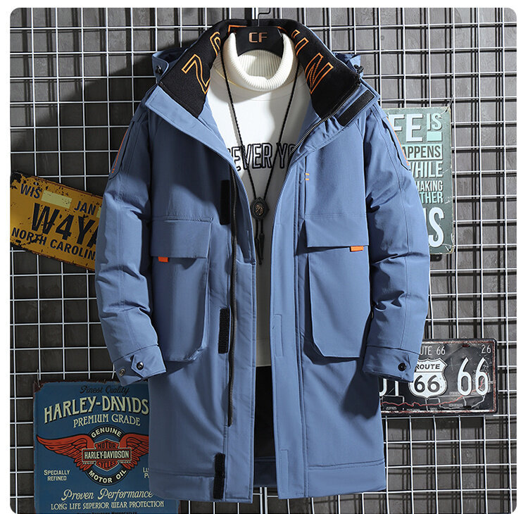 Men's Long Winter Workwear Down Jacket With Hood, Lightweight Warm Parka Coat For Cold Weather, Water-Resistant Polyester Shell, Machine Washable_voghion.com