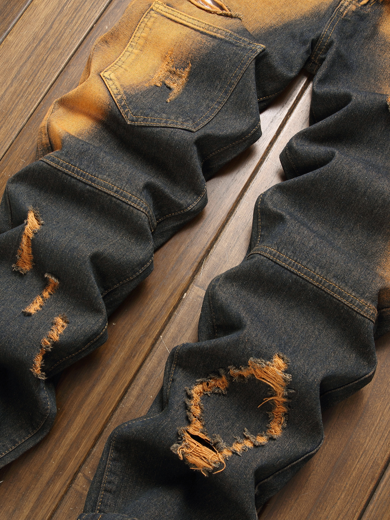 Men's Distressed Retro Straight Leg Jeans Slim Fit Wish Denim Trousers_mkmklike.com