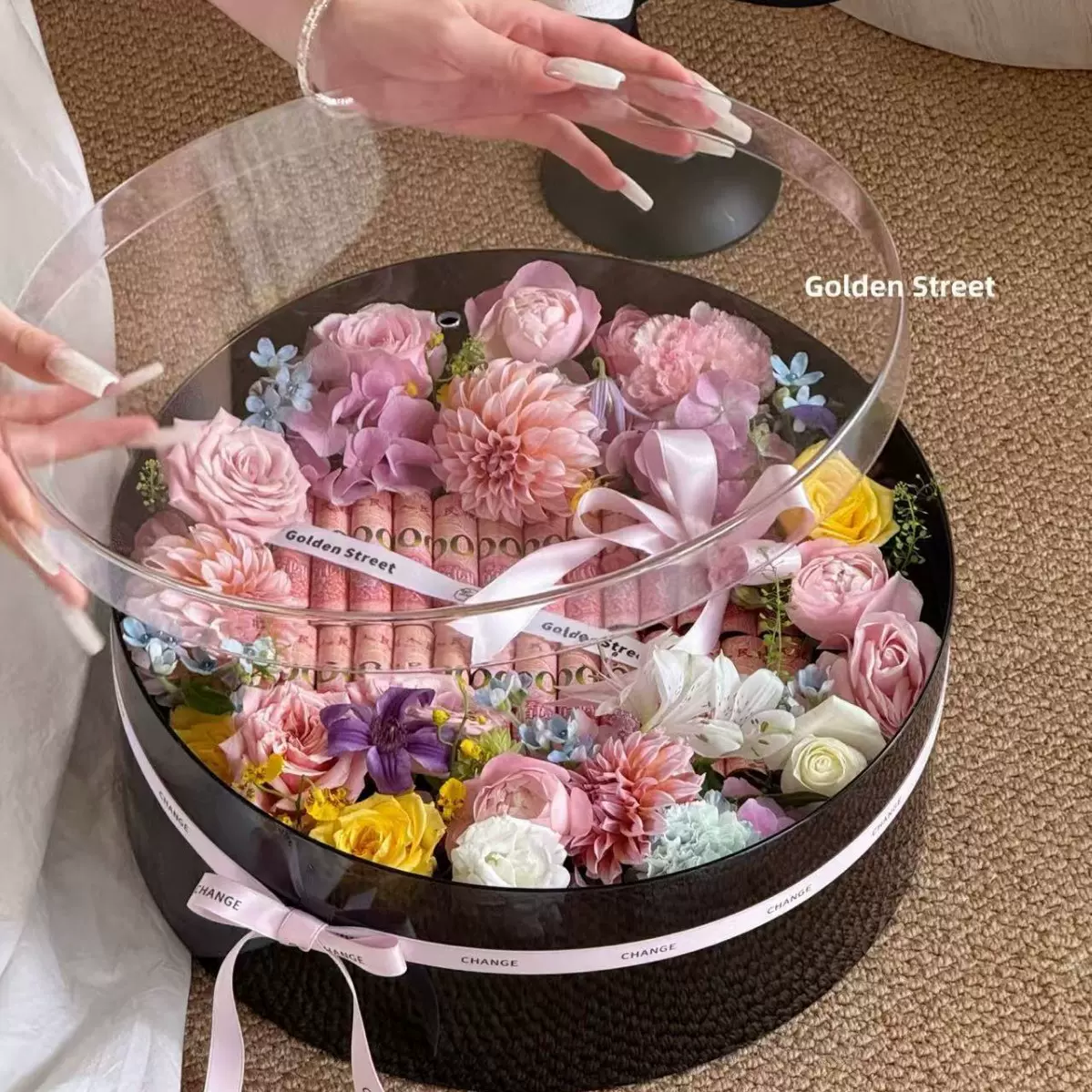 圆形透明亚克力水果花盒中秋月饼鲜花礼物包装空盒三件套包装空盒