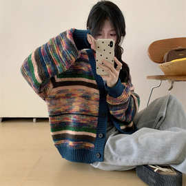 复古撞色条纹毛衣开衫女秋冬新款宽松短款洋气单排扣针织衫外套女